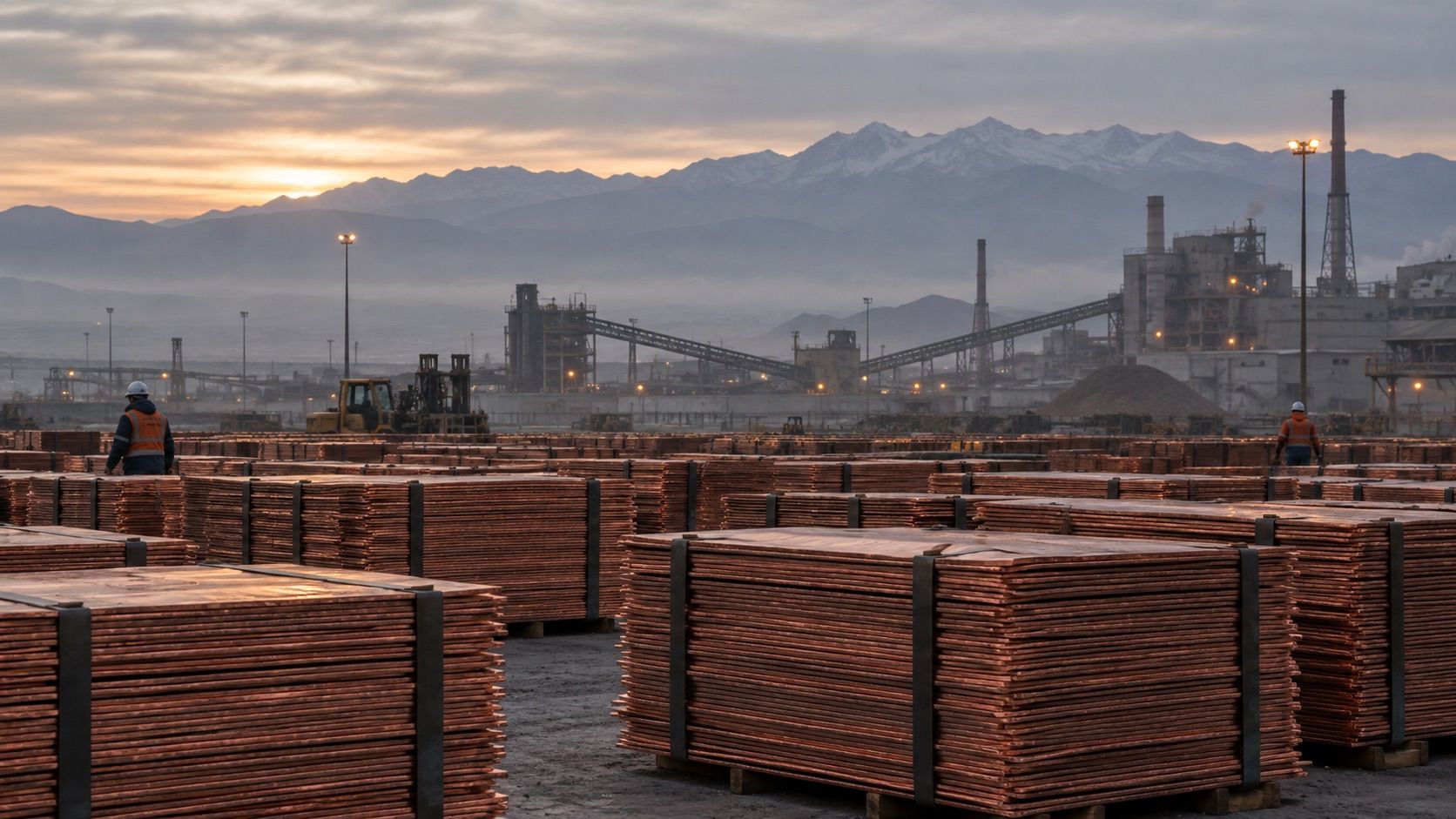 Stacks of copper cathodes in a refinery yard at dusk