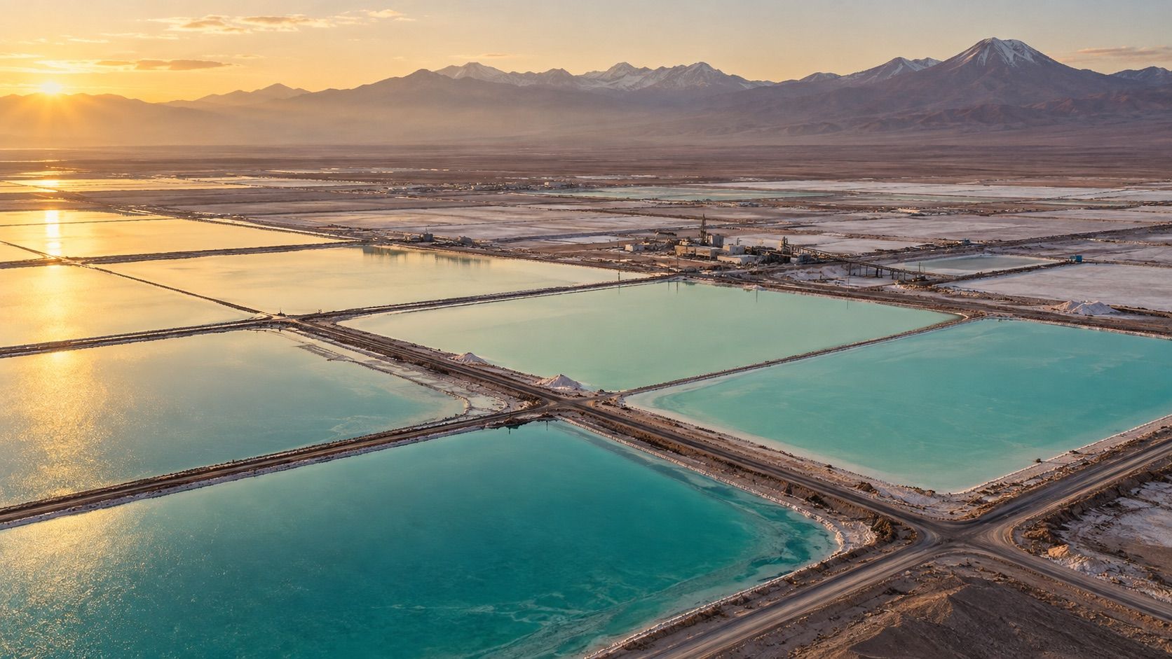 Lithium brine ponds on a salt flat at sunrise