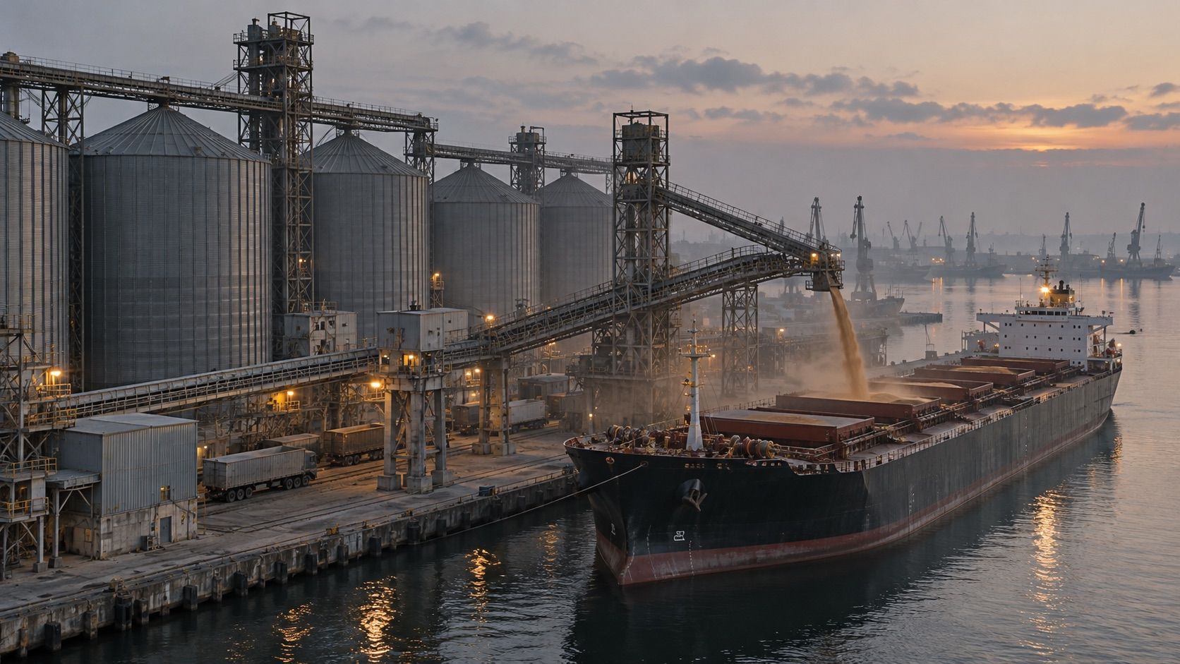 A bulk carrier loading grain from port silos
