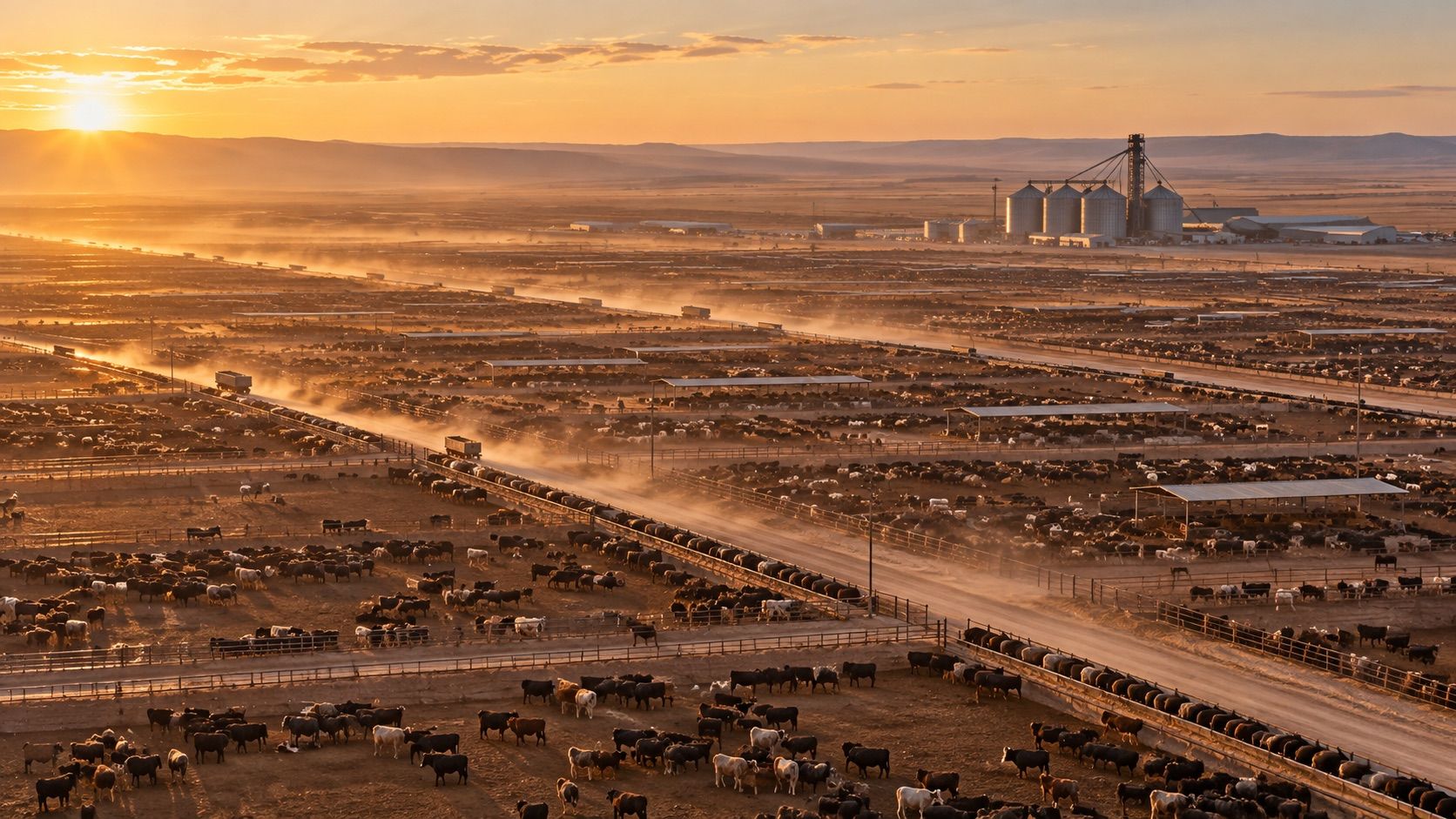 A cattle feedlot at sunset