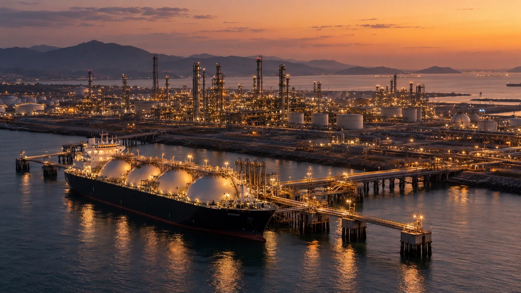A gas carrier moored at a petrochemical plant at dusk
