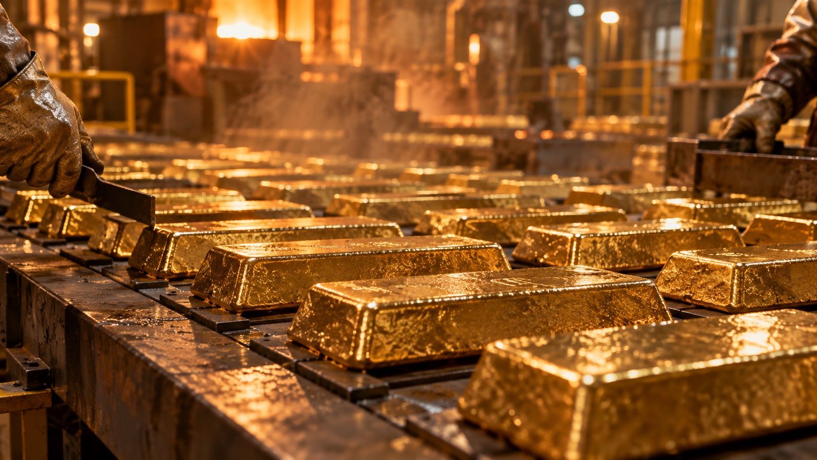 Gold bars stacked on a refinery bench
