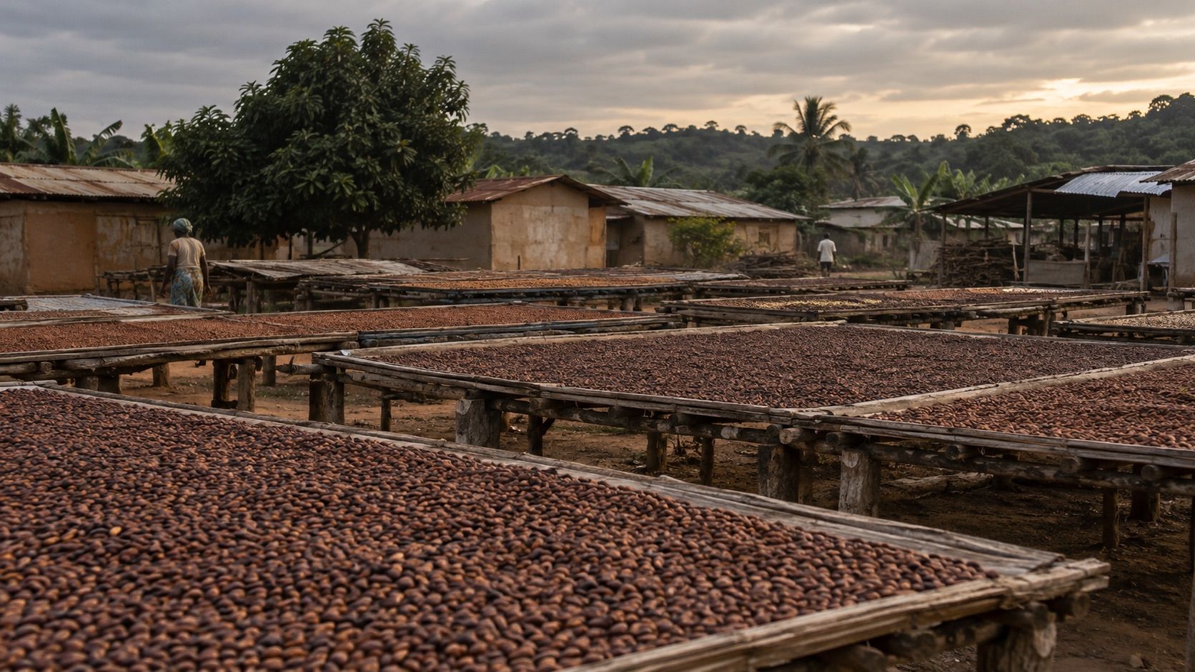 Cocoa beans drying on raised wooden racks
